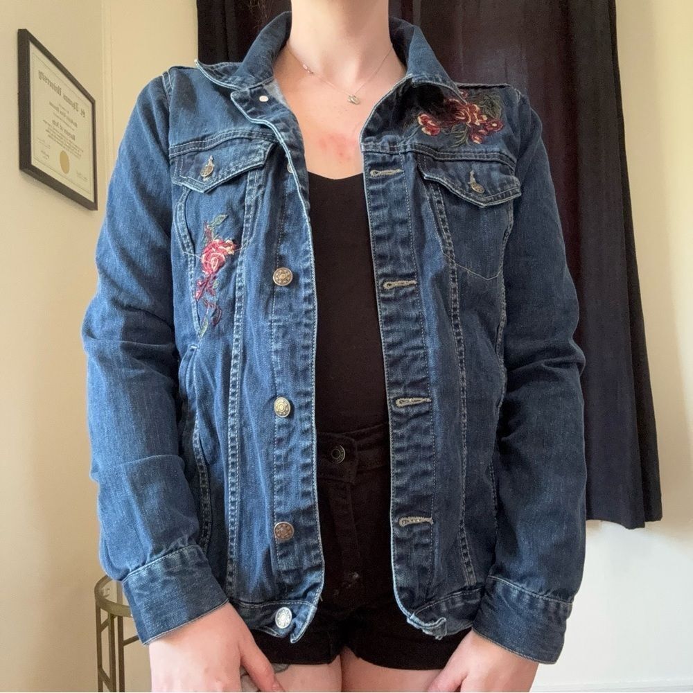 Denim Jean Jacket with Embroidered Roses - Picture 13 of 16